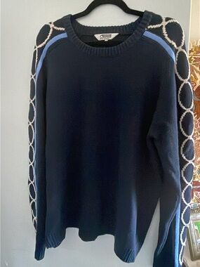 Men’s Navy Crewneck Sweater with Patterned Sleeves~MOUNTAIN KHAKIS~SIZE L